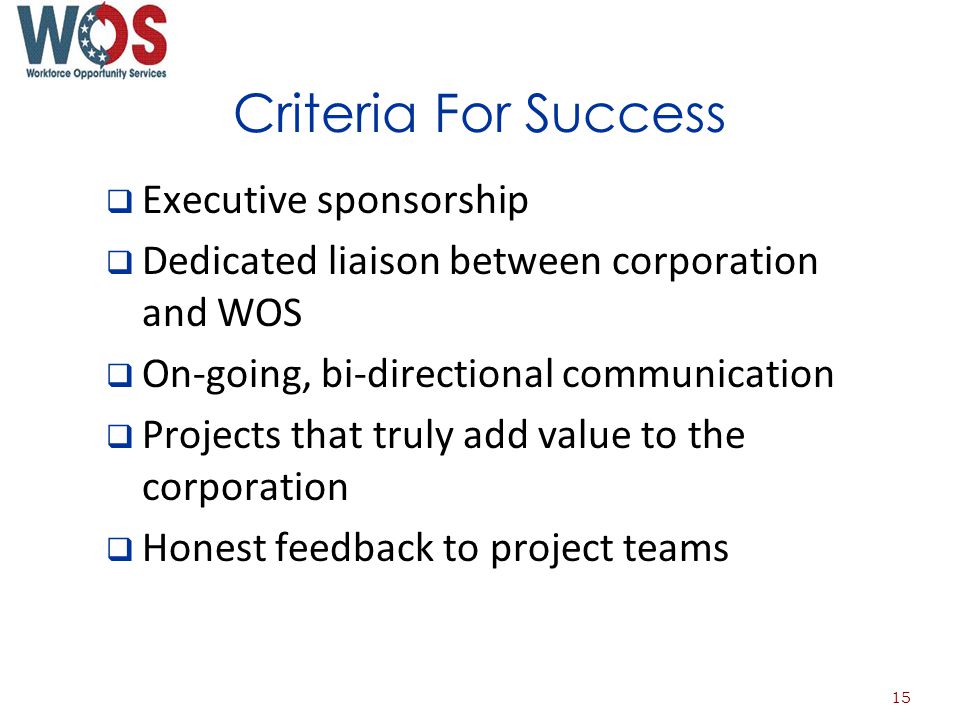 Criteria For Success Executive sponsorship Dedicated liaison between corporation and WOS On-going, bi-directional communication Projects that truly add value to the corporation Honest feedback to project teams 15