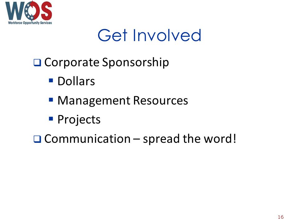 Get Involved Corporate Sponsorship Dollars Management Resources Projects Communication – spread the word.
