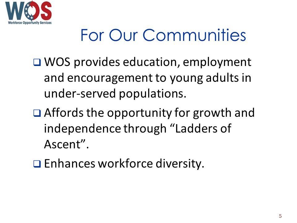 For Our Communities WOS provides education, employment and encouragement to young adults in under-served populations.