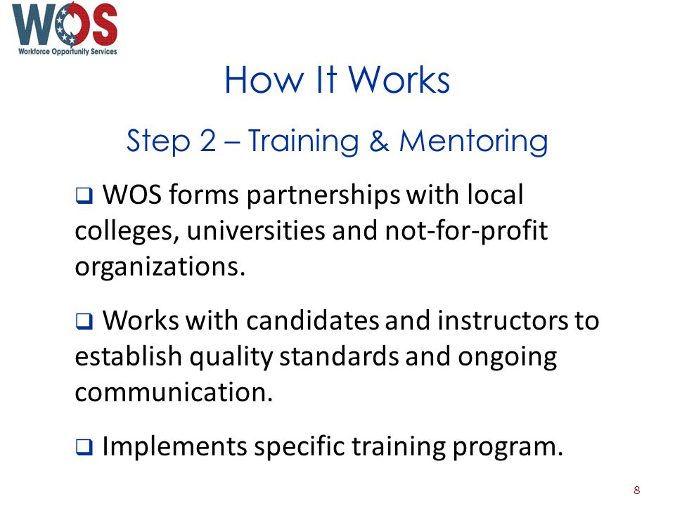 How It Works Step 2 – Training & Mentoring WOS forms partnerships with local colleges, universities and not-for-profit organizations.
