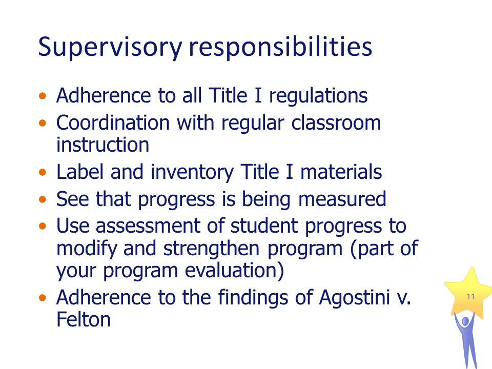 11 Supervisory responsibilities Adherence to all Title I regulations Coordination with regular classroom instruction Label and inventory Title I materials See that progress is being measured Use assessment of student progress to modify and strengthen program (part of your program evaluation) Adherence to the findings of Agostini v.