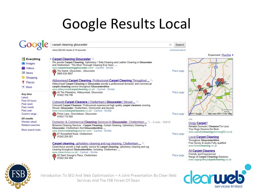 Google Results Local Introduction To SEO And Web Optimisation – A Joint Presentation By Clear Web Services And The FSB Forest Of Dean