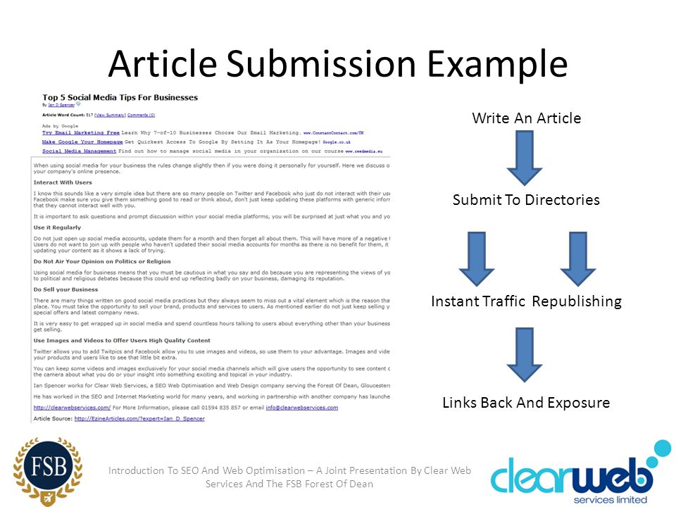 Article Submission Example Introduction To SEO And Web Optimisation – A Joint Presentation By Clear Web Services And The FSB Forest Of Dean Write An Article Submit To Directories Instant Traffic Republishing Links Back And Exposure