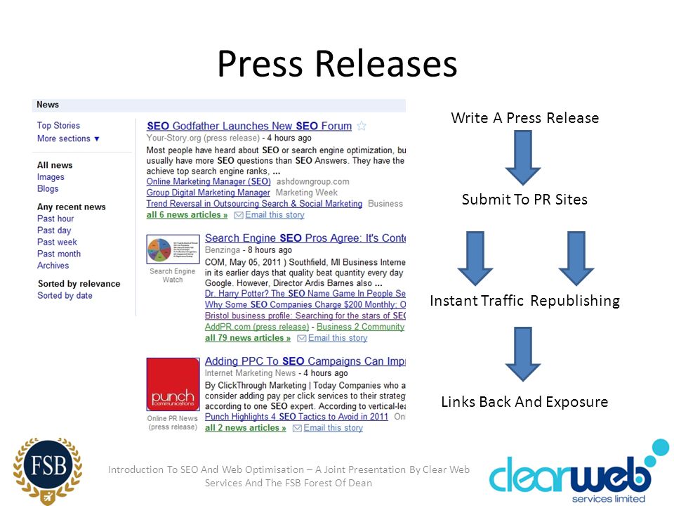 Press Releases Introduction To SEO And Web Optimisation – A Joint Presentation By Clear Web Services And The FSB Forest Of Dean Write A Press Release Submit To PR Sites Instant Traffic Republishing Links Back And Exposure