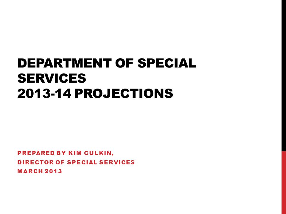 DEPARTMENT OF SPECIAL SERVICES PROJECTIONS PREPARED BY KIM CULKIN, DIRECTOR OF SPECIAL SERVICES MARCH 2013