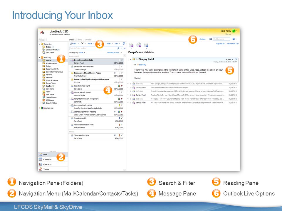 8 LFCDS SkyMail & SkyDrive Introducing Your Inbox Navigation Pane (Folders) Navigation Menu (Mail/Calendar/Contacts/Tasks) Search & Filter Message Pane Reading Pane Outlook Live Options