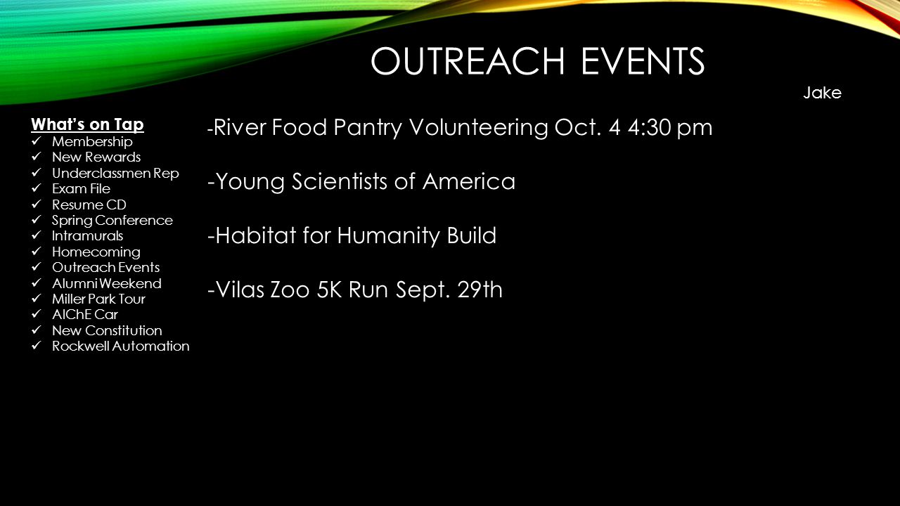 OUTREACH EVENTS Jake - River Food Pantry Volunteering Oct.