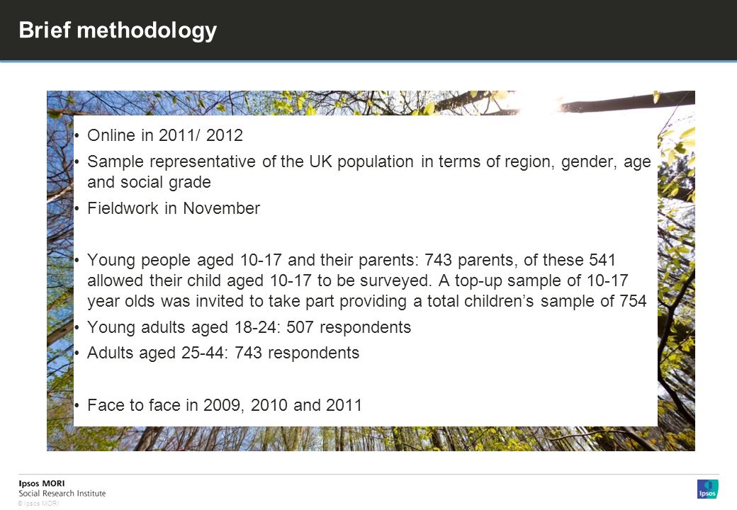 © Ipsos MORI Brief methodology Online in 2011/ 2012 Sample representative of the UK population in terms of region, gender, age and social grade Fieldwork in November Young people aged and their parents: 743 parents, of these 541 allowed their child aged to be surveyed.