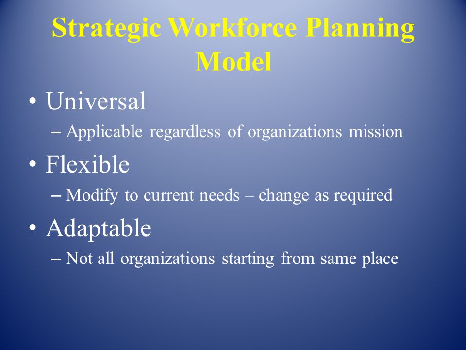Strategic Workforce Planning Model Universal – Applicable regardless of organizations mission Flexible – Modify to current needs – change as required Adaptable – Not all organizations starting from same place