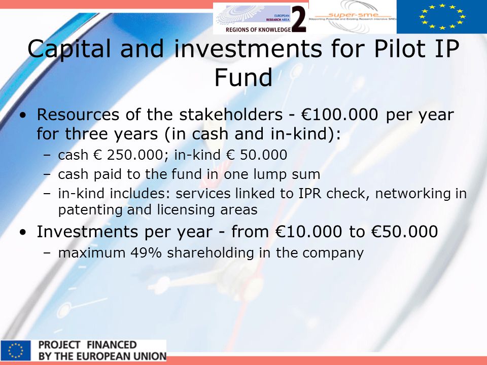 Capital and investments for Pilot IP Fund Resources of the stakeholders per year for three years (in cash and in-kind): –cash ; in-kind –cash paid to the fund in one lump sum –in-kind includes: services linked to IPR check, networking in patenting and licensing areas Investments per year - from to –maximum 49% shareholding in the company