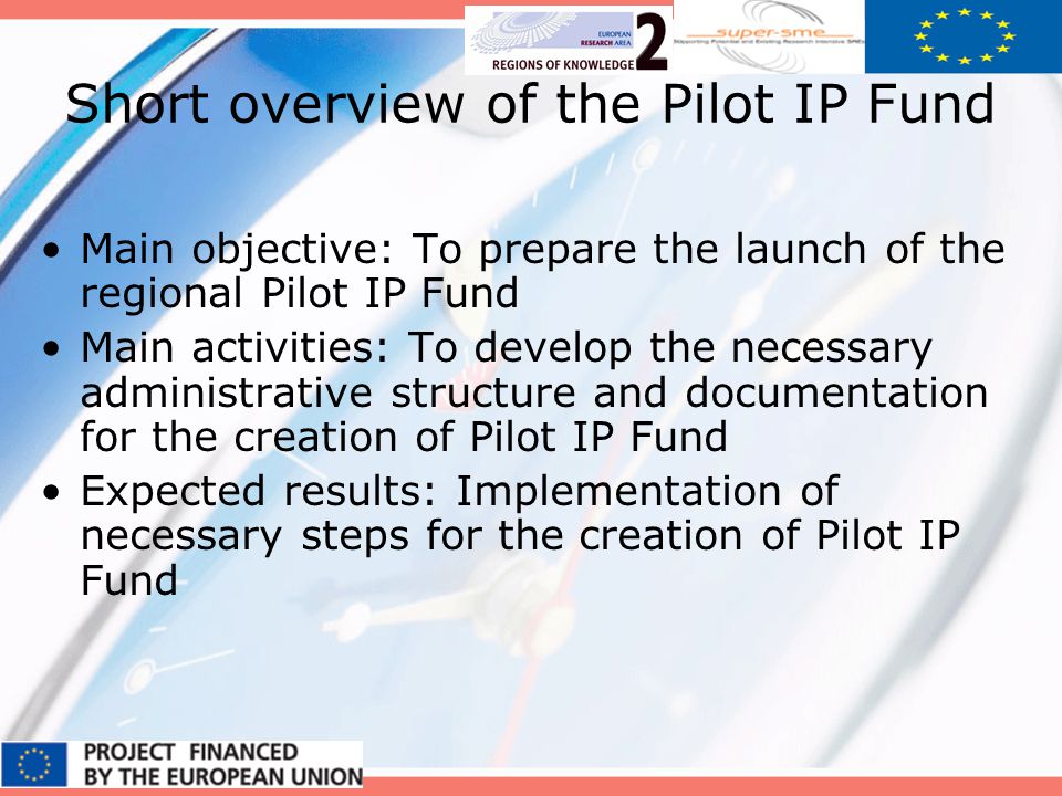 Short overview of the Pilot IP Fund Main objective: To prepare the launch of the regional Pilot IP Fund Main activities: To develop the necessary administrative structure and documentation for the creation of Pilot IP Fund Expected results: Implementation of necessary steps for the creation of Pilot IP Fund