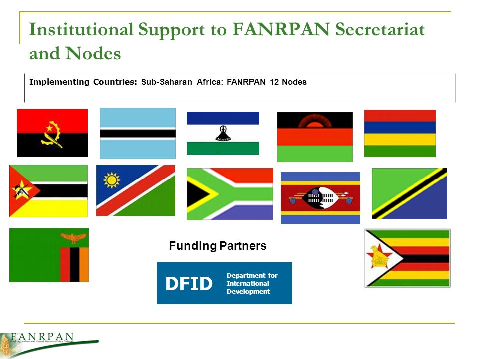 Institutional Support to FANRPAN Secretariat and Nodes Implementing Countries: Sub-Saharan Africa: FANRPAN 12 Nodes Funding Partners DFID Department for International Development