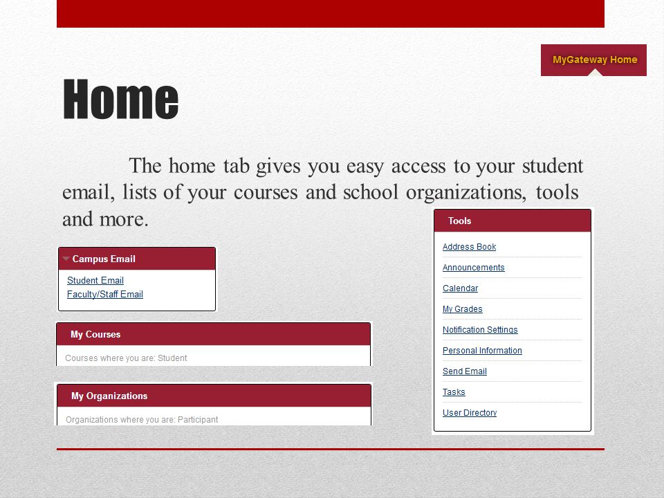 Home The home tab gives you easy access to your student  , lists of your courses and school organizations, tools and more.