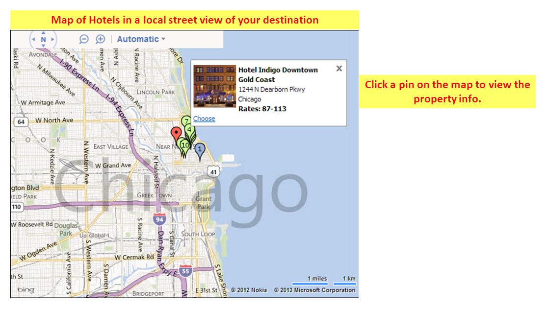 Map of Hotels in a local street view of your destination Click a pin on the map to view the property info.