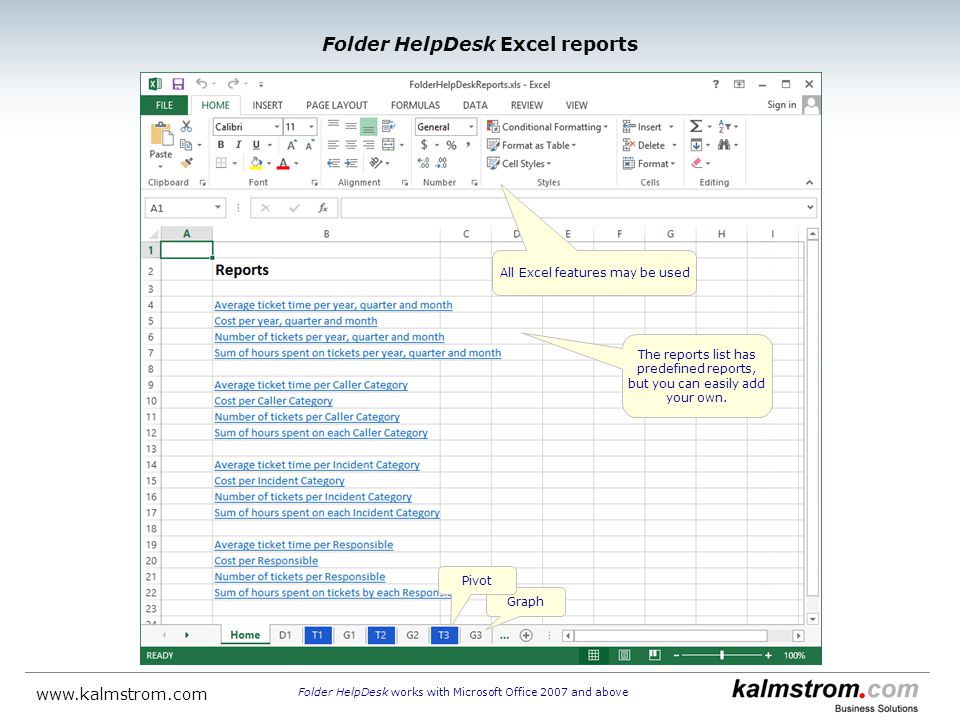 All Excel features may be used The reports list has predefined reports, but you can easily add your own.
