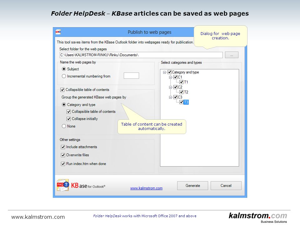 Table of content can be created automatically. Dialog for web page creation.