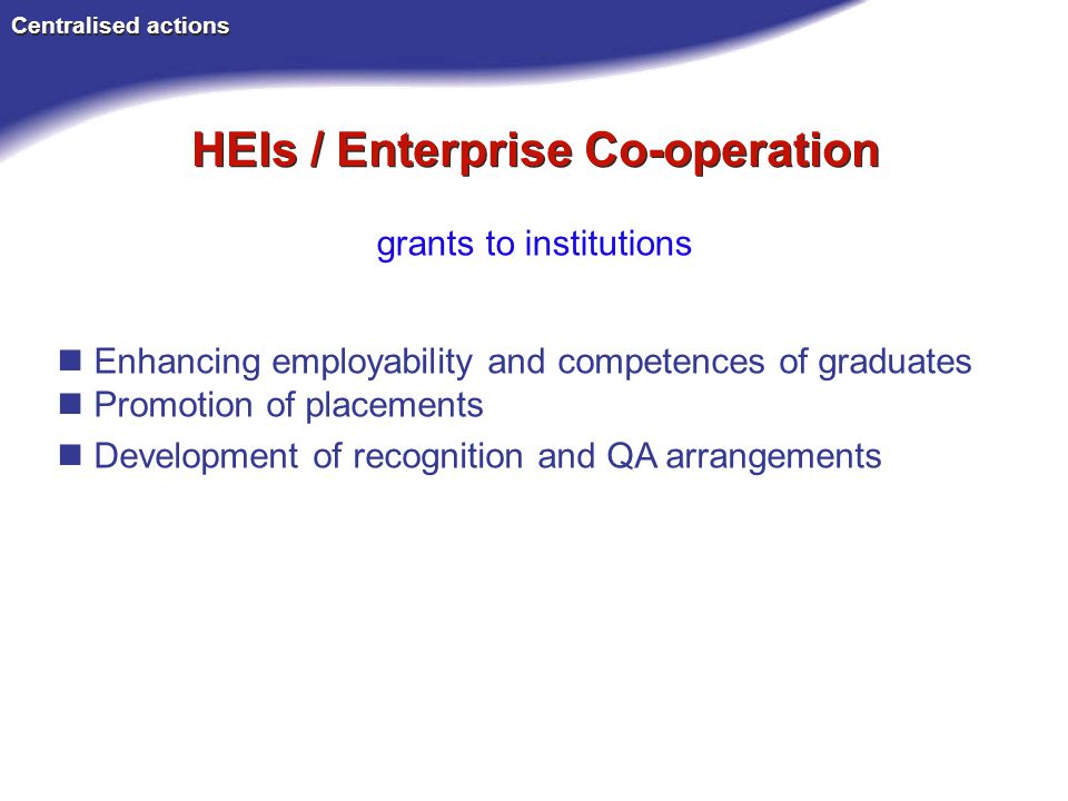 HEIs / Enterprise Co-operation Centralised actions Enhancing employability and competences of graduates Promotion of placements Development of recognition and QA arrangements grants to institutions