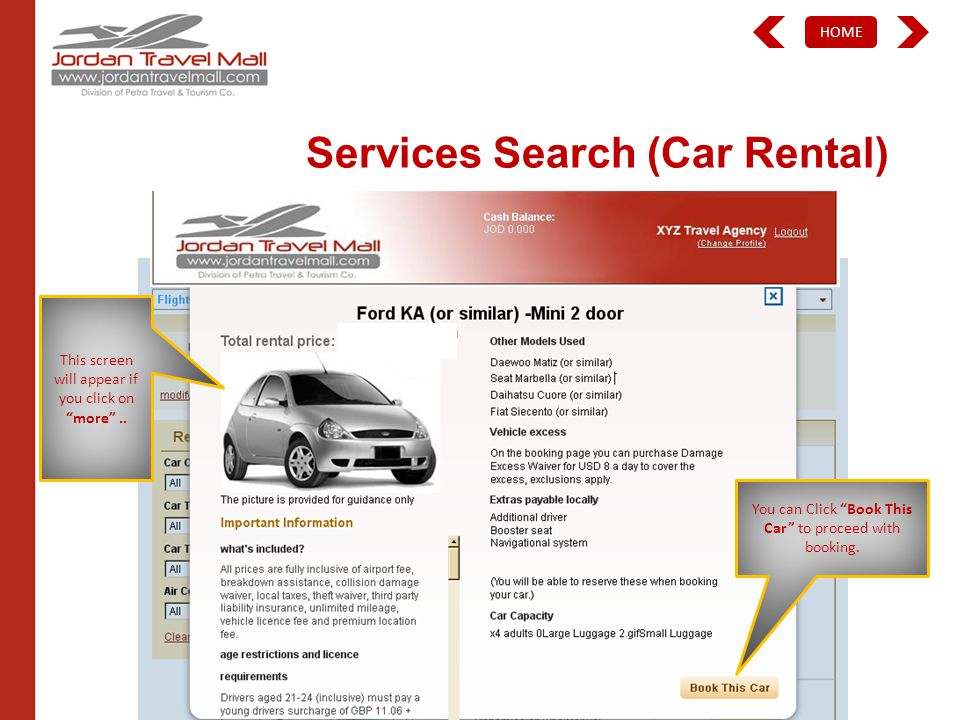 HOME Services Search (Car Rental) This screen will appear if you click on more..