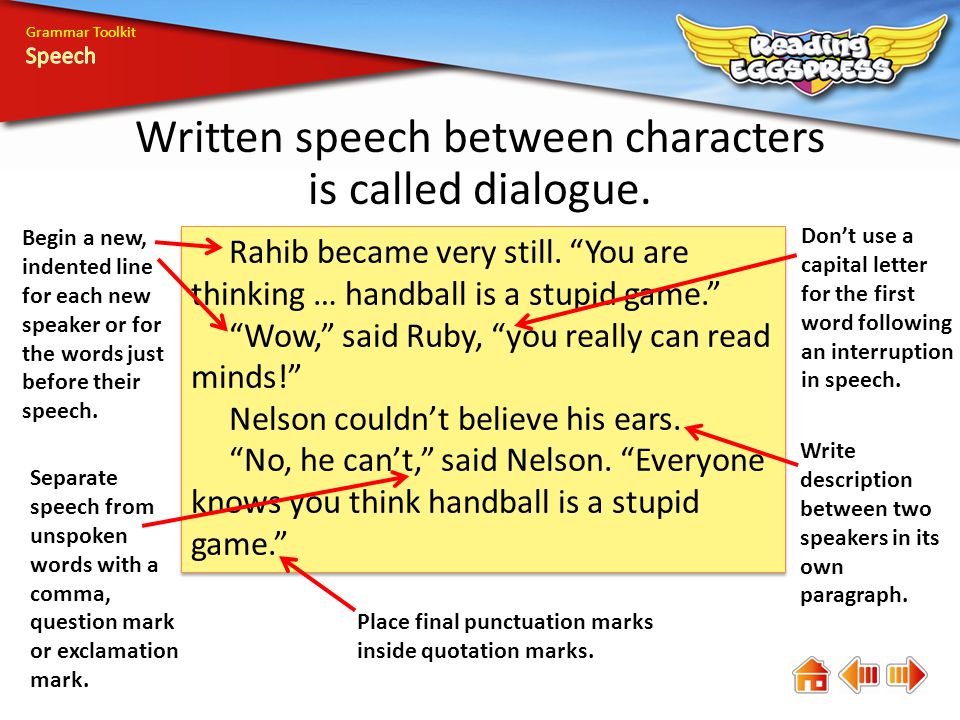 Grammar Toolkit Written speech between characters is called dialogue.