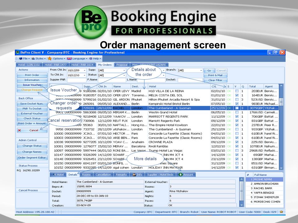 Order management screen Issue Voucher Changer order requests More details Details about the order Cancel reservation