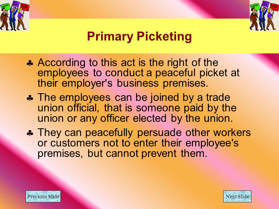 Primary Picketing According to this act is the right of the employees to conduct a peaceful picket at their employer s business premises.