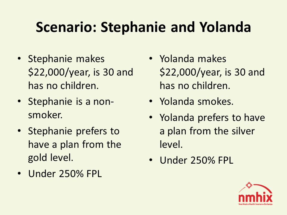 Scenario: Stephanie and Yolanda Stephanie makes $22,000/year, is 30 and has no children.