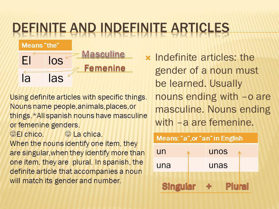 Means the Ellos lalas Indefinite articles: the gender of a noun must be learned.