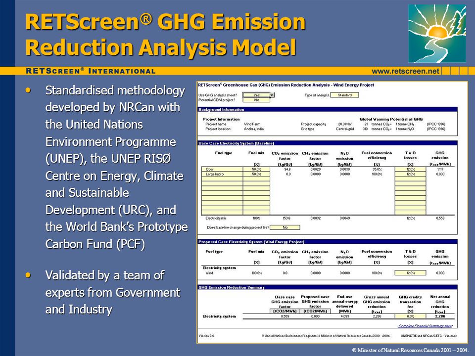 RETScreen ® GHG Emission Reduction Analysis Model Standardised methodology developed by NRCan with the United Nations Environment Programme (UNEP), the UNEP RISØ Centre on Energy, Climate and Sustainable Development (URC), and the World Banks Prototype Carbon Fund (PCF) Standardised methodology developed by NRCan with the United Nations Environment Programme (UNEP), the UNEP RISØ Centre on Energy, Climate and Sustainable Development (URC), and the World Banks Prototype Carbon Fund (PCF) Validated by a team of experts from Government and Industry Validated by a team of experts from Government and Industry © Minister of Natural Resources Canada 2001 – 2004.