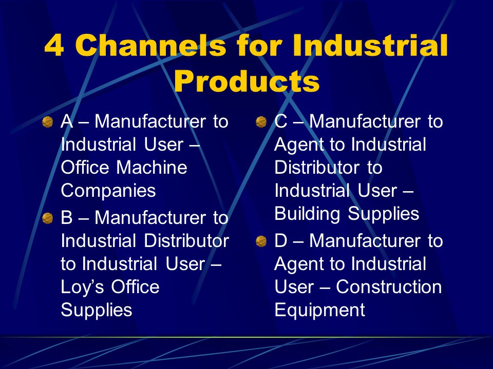 4 Channels for Industrial Products A – Manufacturer to Industrial User – Office Machine Companies B – Manufacturer to Industrial Distributor to Industrial User – Loys Office Supplies C – Manufacturer to Agent to Industrial Distributor to Industrial User – Building Supplies D – Manufacturer to Agent to Industrial User – Construction Equipment
