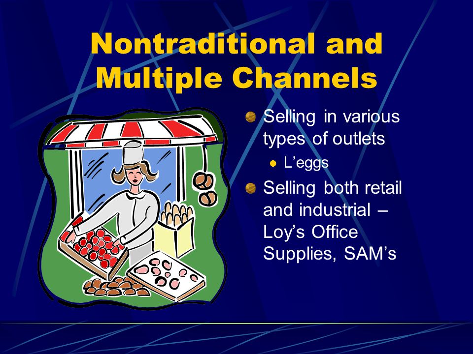 Nontraditional and Multiple Channels Selling in various types of outlets Leggs Selling both retail and industrial – Loys Office Supplies, SAMs