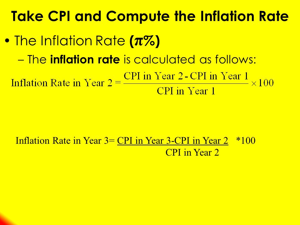 The Inflation Rate ( π %) –The inflation rate is calculated as follows: Take CPI and Compute the Inflation Rate Inflation Rate in Year 3= CPI in Year 3-CPI in Year 2 *100 CPI in Year 2