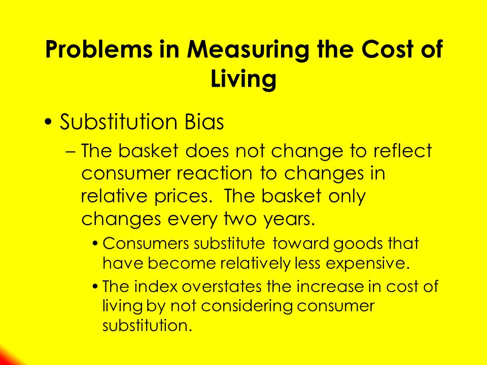 Substitution Bias –The basket does not change to reflect consumer reaction to changes in relative prices.