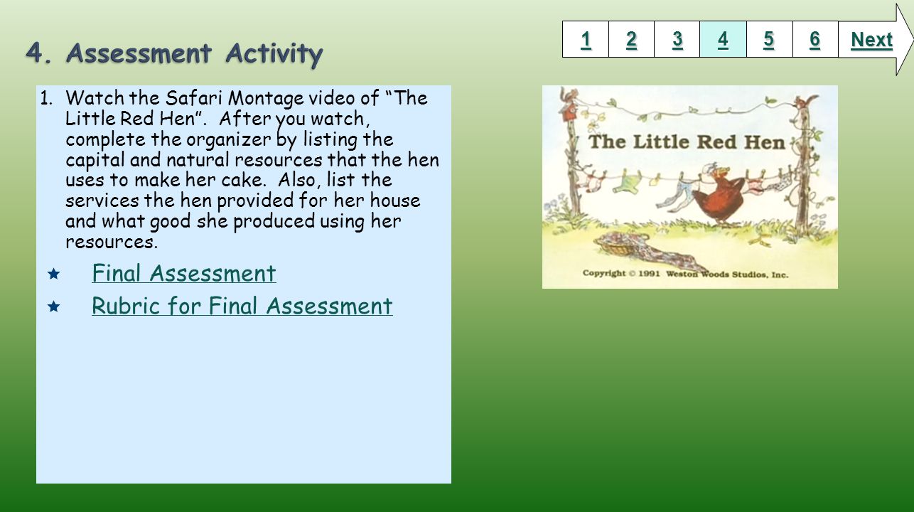 1. Watch the Safari Montage video of The Little Red Hen.