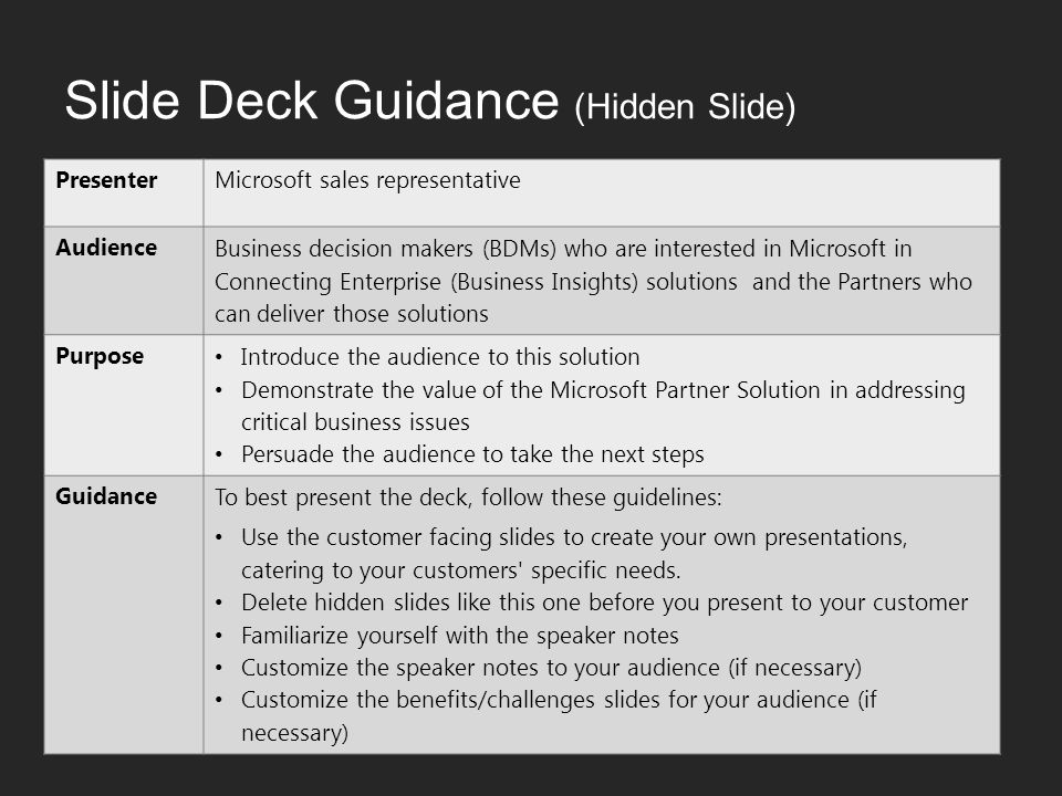 Slide Deck Guidance (Hidden Slide) PresenterMicrosoft sales representative Audience Business decision makers (BDMs) who are interested in Microsoft in Connecting Enterprise (Business Insights) solutions and the Partners who can deliver those solutions Purpose Introduce the audience to this solution Demonstrate the value of the Microsoft Partner Solution in addressing critical business issues Persuade the audience to take the next steps Guidance To best present the deck, follow these guidelines: Use the customer facing slides to create your own presentations, catering to your customers specific needs.