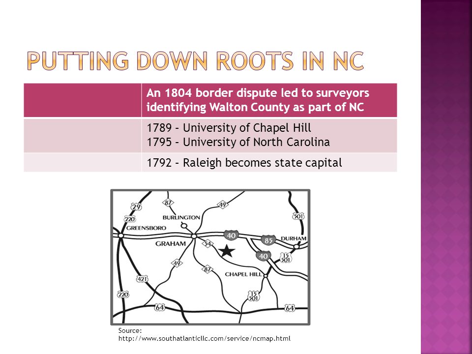 An 1804 border dispute led to surveyors identifying Walton County as part of NC 1789 – University of Chapel Hill 1795 – University of North Carolina 1792 – Raleigh becomes state capital Source: