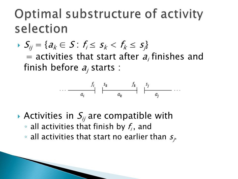 S ij = {a k S : f i s k < f k s j } = activities that start after a i finishes and finish before a j starts : Activities in S ij are compatible with all activities that finish by f i, and all activities that start no earlier than s j.