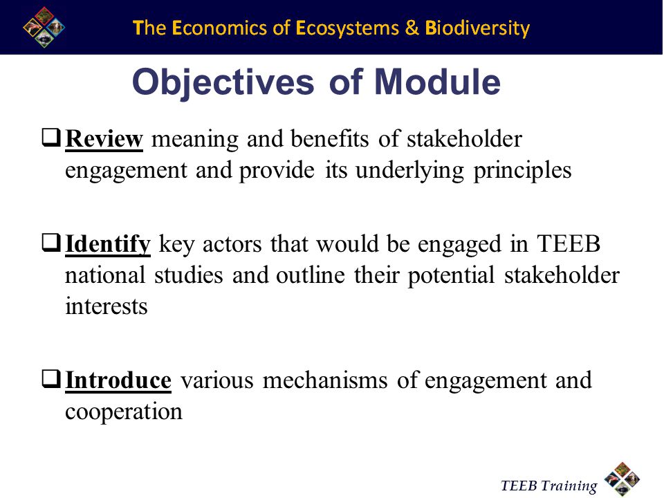 TEEB Training Objectives of Module Review meaning and benefits of stakeholder engagement and provide its underlying principles Identify key actors that would be engaged in TEEB national studies and outline their potential stakeholder interests Introduce various mechanisms of engagement and cooperation