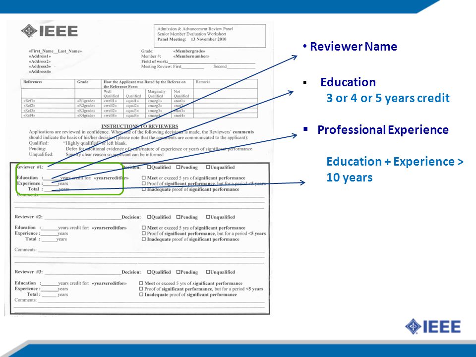 Education 3 or 4 or 5 years credit Professional Experience Education + Experience > 10 years Reviewer Name