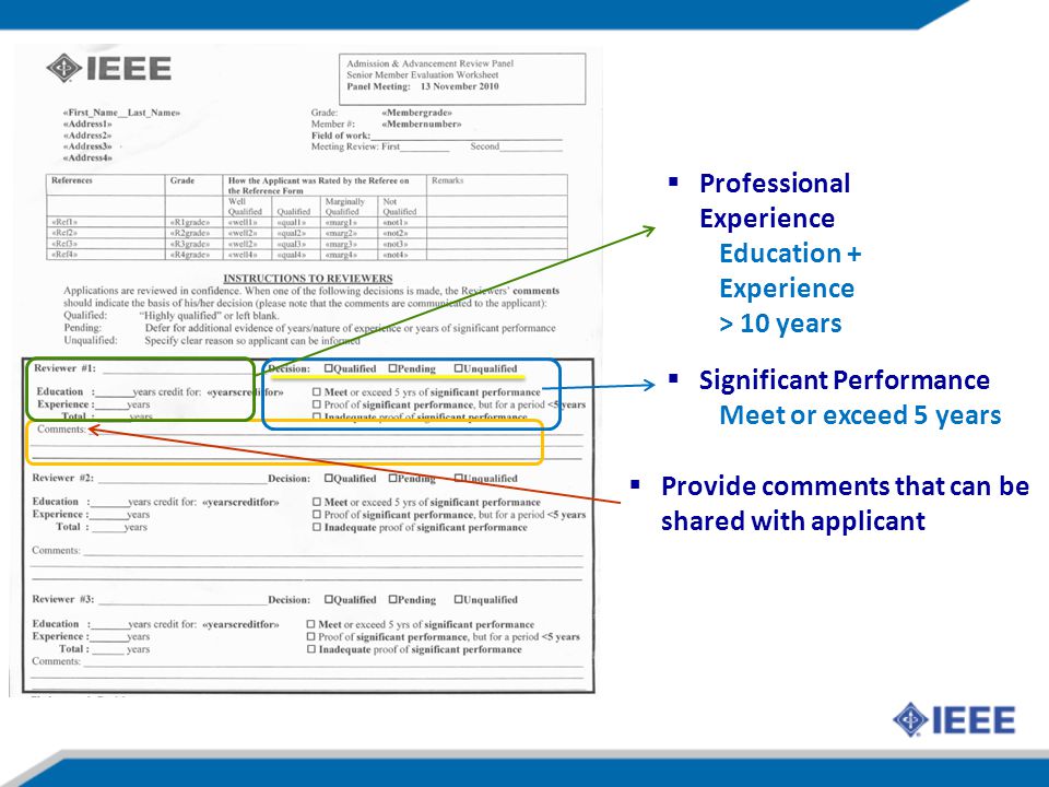 Significant Performance Meet or exceed 5 years Provide comments that can be shared with applicant Professional Experience Education + Experience > 10 years