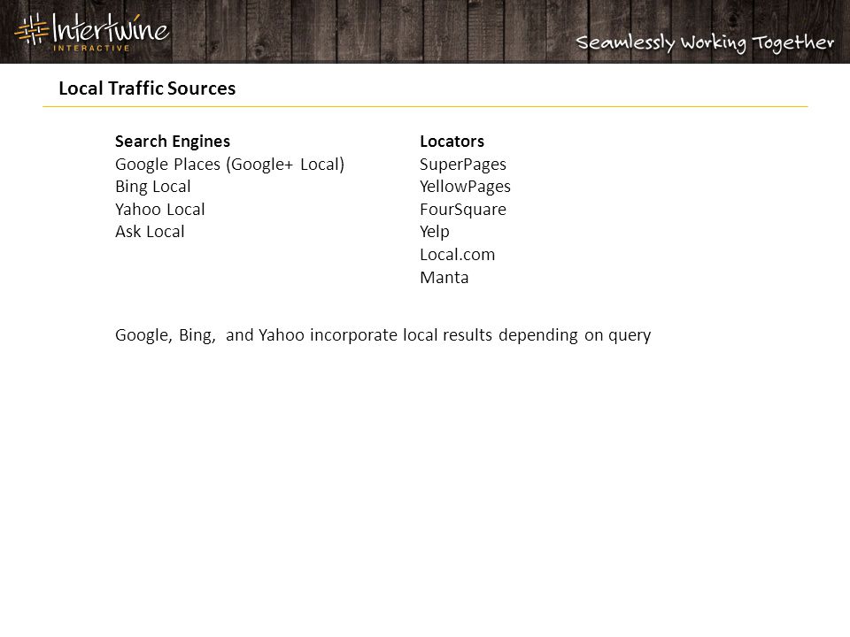 Search Engines Google Places (Google+ Local) Bing Local Yahoo Local Ask Local Google, Bing, and Yahoo incorporate local results depending on query Locators SuperPages YellowPages FourSquare Yelp Local.com Manta Local Traffic Sources