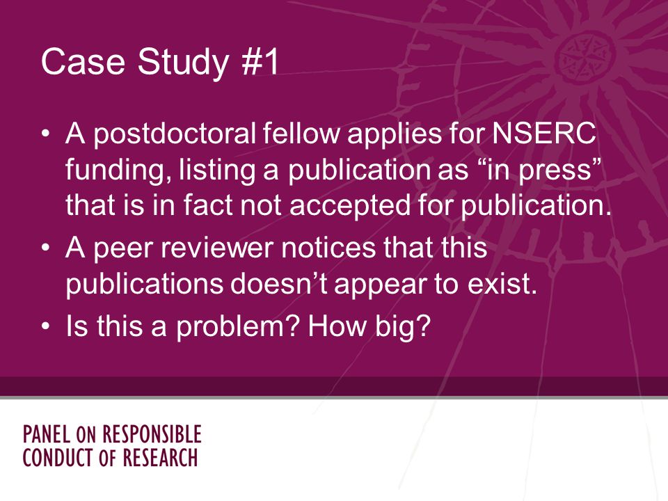 A postdoctoral fellow applies for NSERC funding, listing a publication as in press that is in fact not accepted for publication.