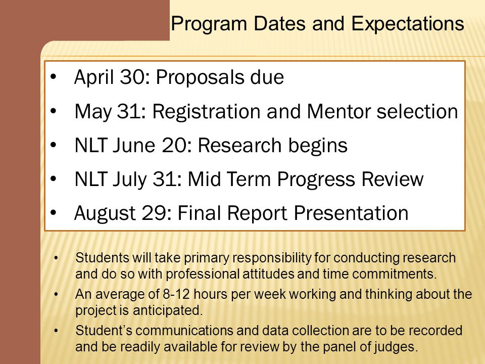Program Dates and Expectations April 30: Proposals due May 31: Registration and Mentor selection NLT June 20: Research begins NLT July 31: Mid Term Progress Review August 29: Final Report Presentation Students will take primary responsibility for conducting research and do so with professional attitudes and time commitments.