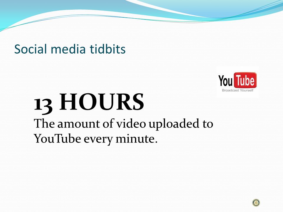 Social media tidbits 13 HOURS The amount of video uploaded to YouTube every minute.