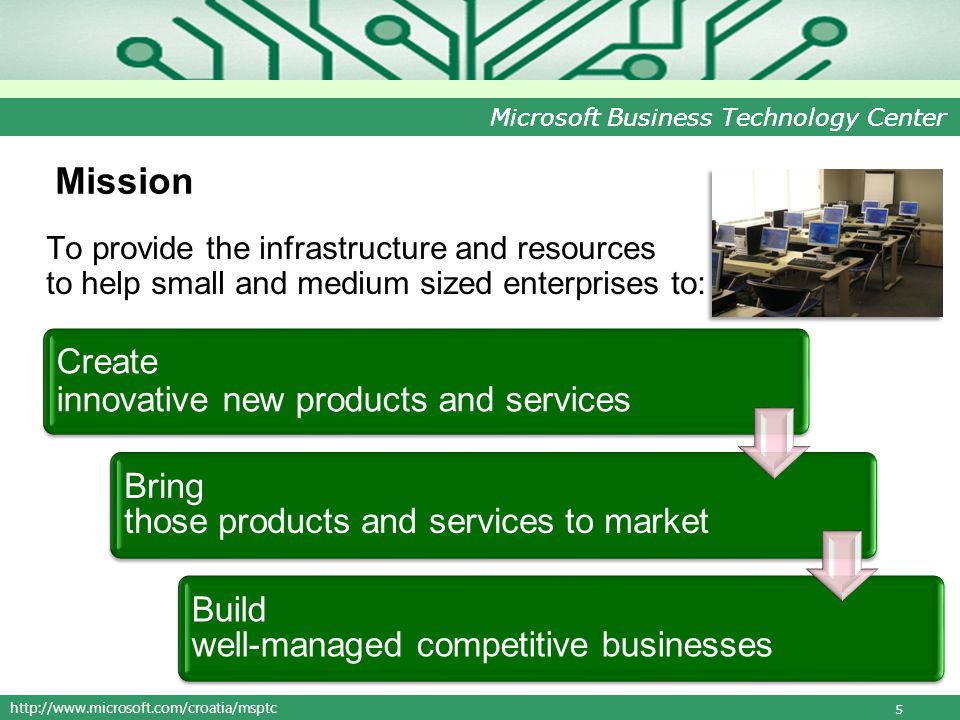 Microsoft Business Technology Center Mission To provide the infrastructure and resources to help small and medium sized enterprises to: 5 Create innovative new products and services Bring those products and services to market Build well-managed competitive businesses