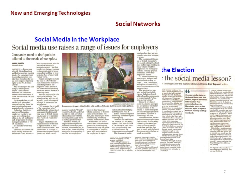 7 New and Emerging Technologies Social Networks Role in the Election Social Media in the Workplace