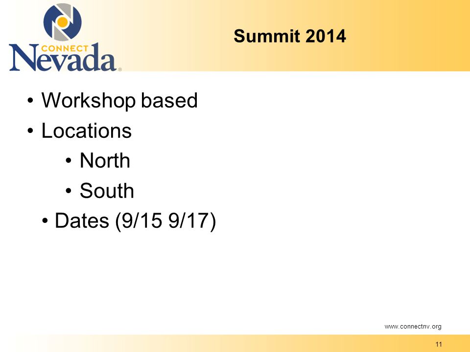 11 Summit 2014 Workshop based Locations North South Dates (9/15 9/17)