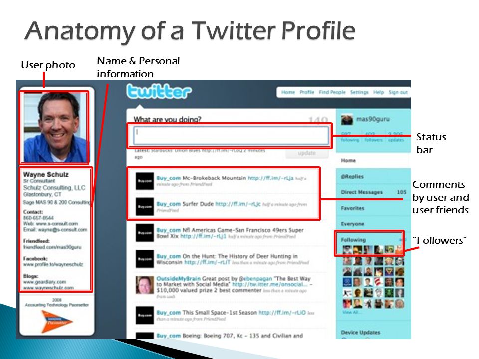 Anatomy of a Twitter Profile User photo Name & Personal information Comments by user and user friends Followers Status bar