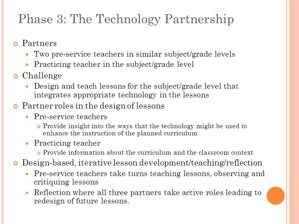 Phase 3: The Technology Partnership Partners Two pre-service teachers in similar subject/grade levels Practicing teacher in the subject/grade level Challenge Design and teach lessons for the subject/grade level that integrates appropriate technology in the lessons Partner roles in the design of lessons Pre-service teachers Provide insight into the ways that the technology might be used to enhance the instruction of the planned curriculum Practicing teacher Provide information about the curriculum and the classroom context Design-based, iterative lesson development/teaching/reflection Pre-service teachers take turns teaching lessons, observing and critiquing lessons Reflection where all three partners take active roles leading to redesign of future lessons.