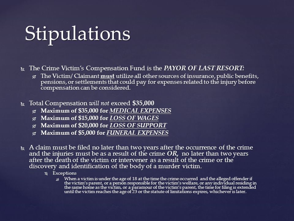 crime and victim compensation programs A: ohio’s victim of crime compensation program reimburses crime victims, their families and others who may incur specific expenses as a result of a crime of violence, including medical bills, lost wages, counseling, and funeral expenses the program also covers reimbursement for additional. crime and victim compensation programs A: ohio’s victim of crime compensation program reimburses crime victims, their families and others who may incur specific expenses as a result of a crime of violence, including medical bills, lost wages, counseling, and funeral expenses the program also covers reimbursement for additional.