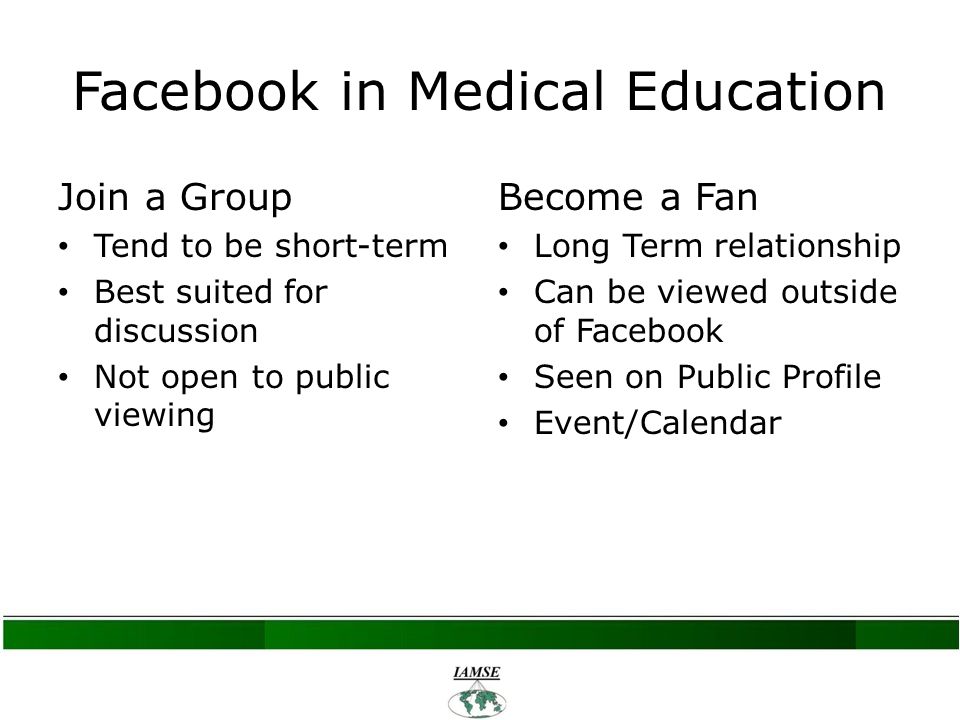Facebook in Medical Education Join a Group Tend to be short-term Best suited for discussion Not open to public viewing Become a Fan Long Term relationship Can be viewed outside of Facebook Seen on Public Profile Event/Calendar